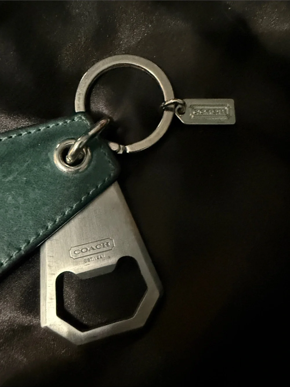 Coach Teal Leather Key Fob with Metal Bottle Opener